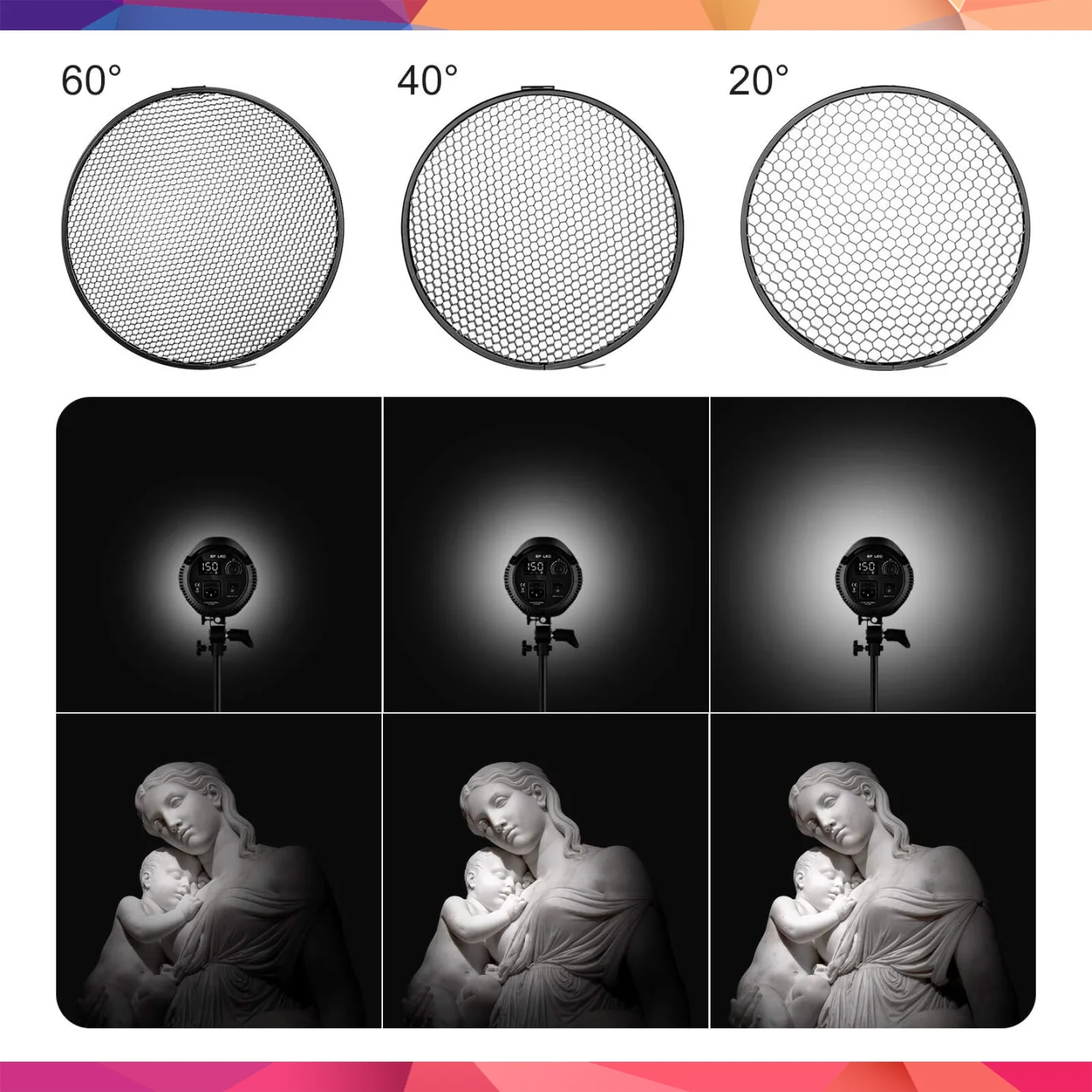 NEEWER 7 İnç Reflektör ve 20°/40°/60° Petek Izgara Seti 4