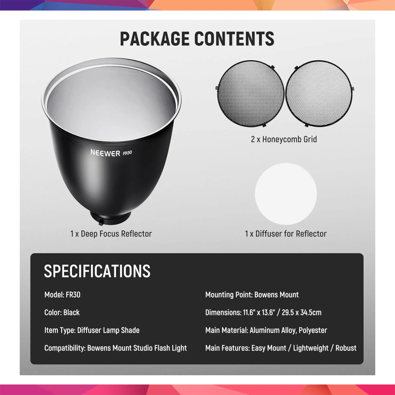 NEEWER FR30 11.6'' 29.5cm Deep Focus Reflektör ve Petek Seti 2