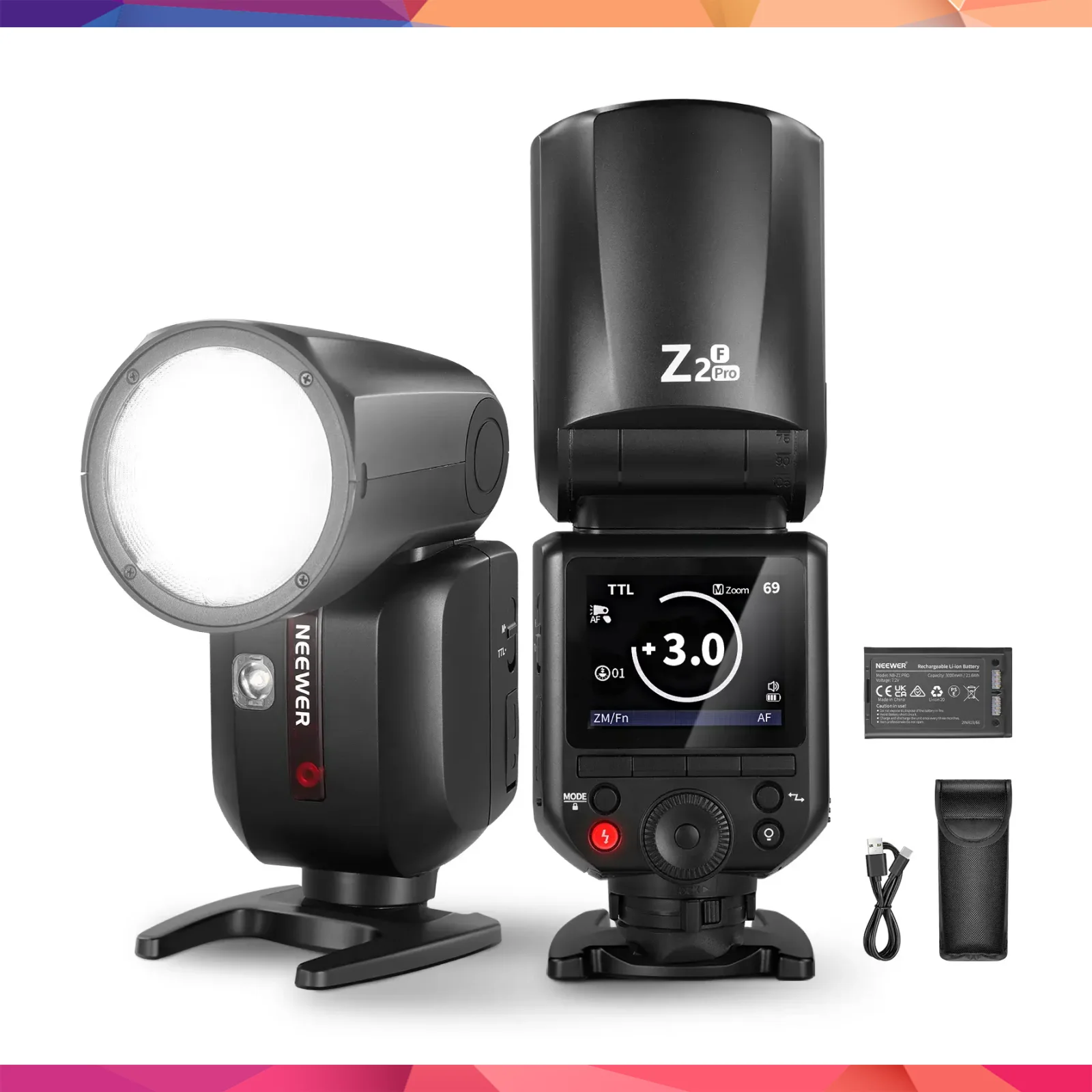 Neewer Z2PRO-F Fujifilm Uyumlu 76W Yuvarlak Kafa Akülü Tepe Flaşı