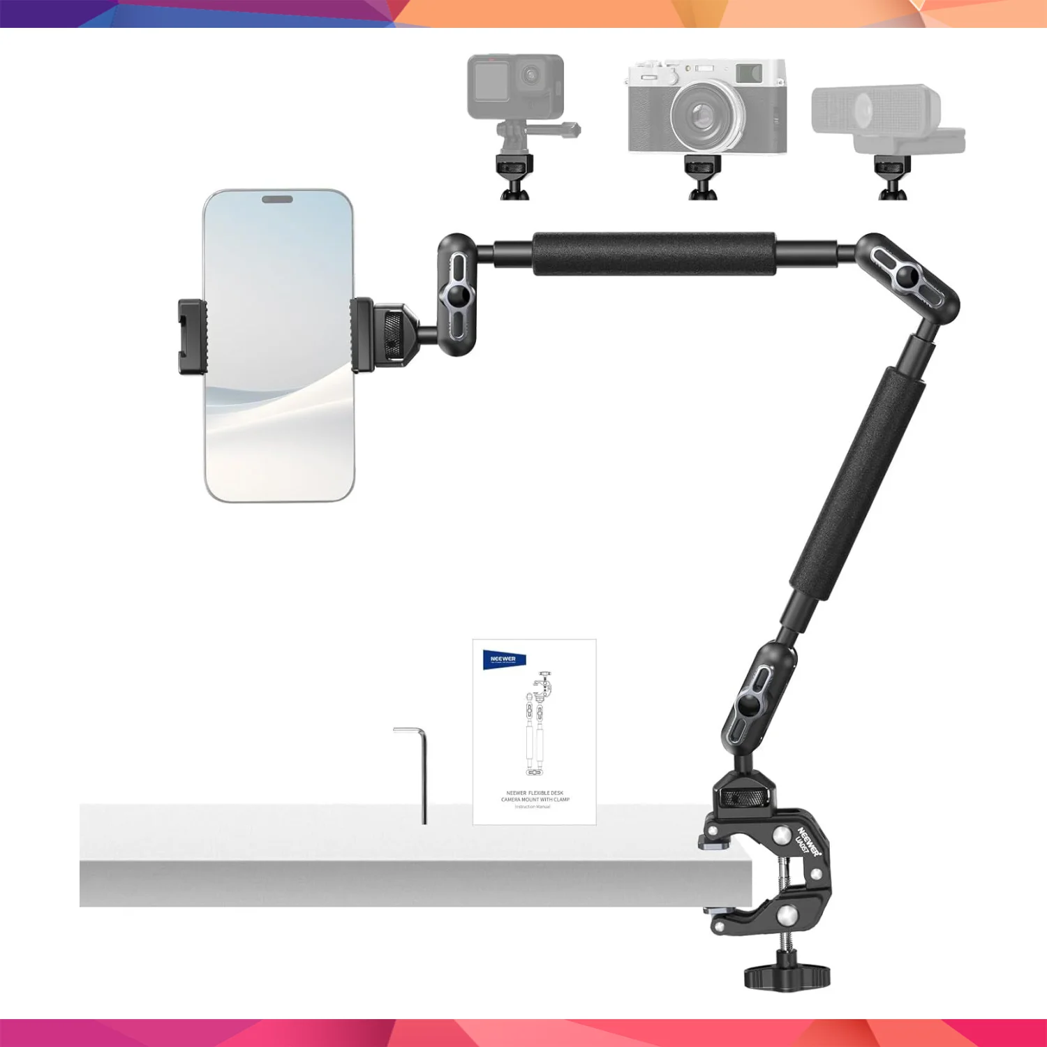 NEEWER UA057 22'' (55 cm) Mafsallı Magic Arm Süper Kelepçe ve Telefon Tutucu Kiti