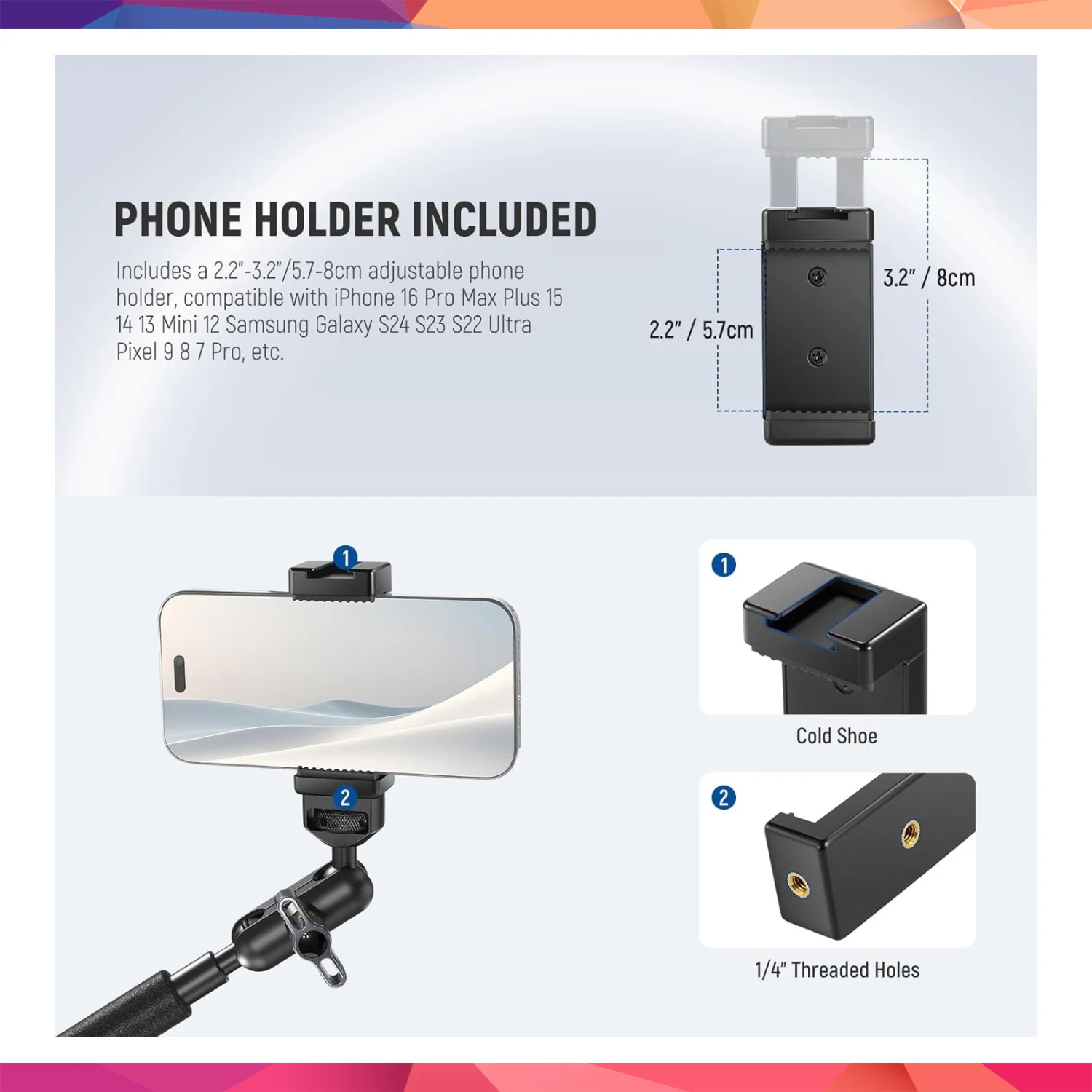 NEEWER UA057 22'' (55 cm) Mafsallı Magic Arm Süper Kelepçe ve Telefon Tutucu Kiti 2